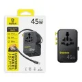 Адаптер за пътуване Baseus PicoGo AG11 (E0307F00) - с прибиращ се Type-C кабел, 2x AC, 2x USB, USB-C, 45W, универсален - Черен