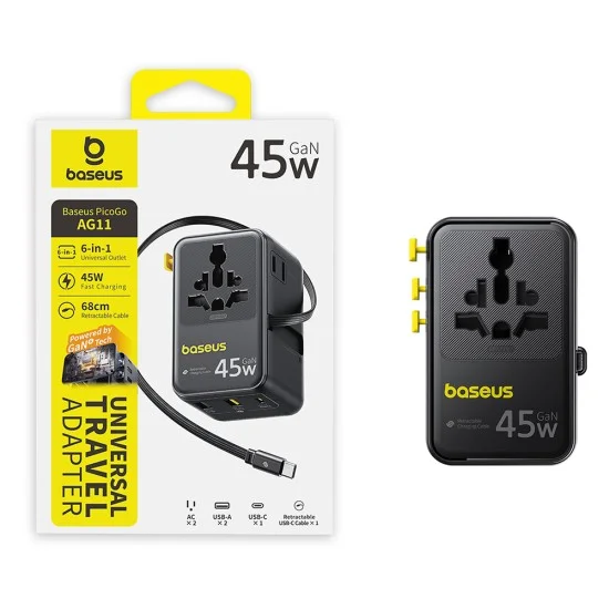 Адаптер за пътуване Baseus PicoGo AG11 (E0307F00) - с прибиращ се Type-C кабел, 2x AC, 2x USB, USB-C, 45W, универсален - Черен