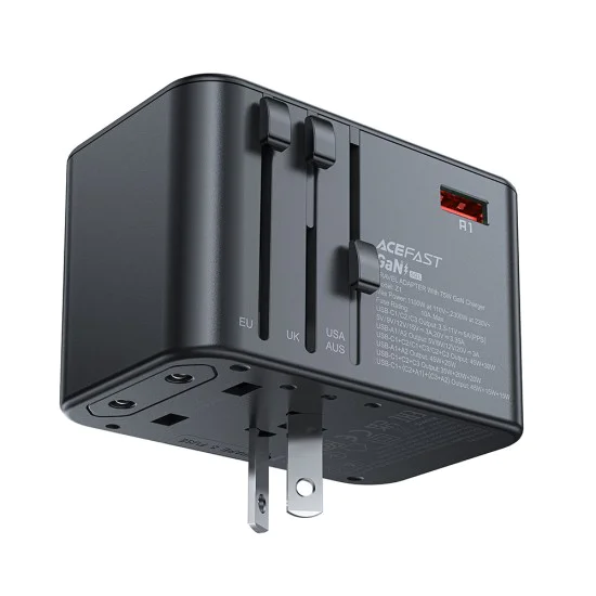Адаптер за пътуване Z1 – Acefast, 3x Type-C, 2x USB, GaN, EU/UK/AUS/US, PD75W, многофункционално бързо зарядно устройство – черно