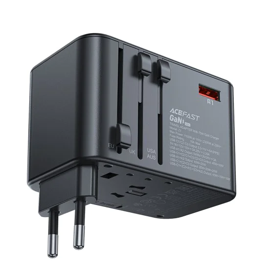 Адаптер за пътуване Z1 – Acefast, 3x Type-C, 2x USB, GaN, EU/UK/AUS/US, PD75W, многофункционално бързо зарядно устройство – черно