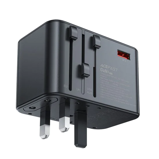 Адаптер за пътуване Z1 – Acefast, 3x Type-C, 2x USB, GaN, EU/UK/AUS/US, PD75W, многофункционално бързо зарядно устройство – черно