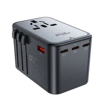 Адаптер за пътуване Z1 – Acefast, 3x Type-C, 2x USB, GaN, EU/UK/AUS/US, PD75W, многофункционално бързо зарядно устройство – черно