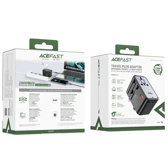 Адаптер за пътуване Z1 – Acefast, 3x Type-C, 2x USB, GaN, EU/UK/AUS/US, PD75W, многофункционално бързо зарядно устройство – черно