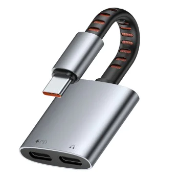 Аудио адаптер Mcdodo (CA-3370) - Type-C към 2x Type-C, 3A, 60W, Premium Sound Quality, Алуминиева сплав/Найлон, 0.1м - Сив