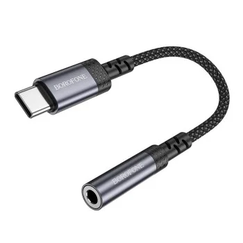 Аудио адаптер кабел Borofone (BV24) - Type-C (M) към 3.5mm жак (F), DAC чип, Plug&Play, 15cm - Сив