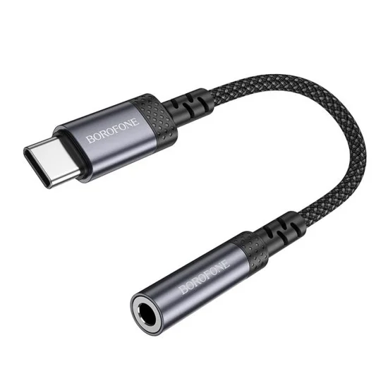 Аудио адаптер кабел Borofone (BV24) - Type-C (M) към 3.5mm жак (F), DAC чип, Plug&Play, 15cm - Сив