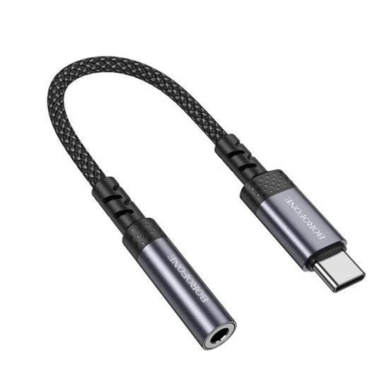 Аудио адаптер кабел Borofone (BV24) - Type-C (M) към 3.5mm жак (F), DAC чип, Plug&Play, 15cm - Сив