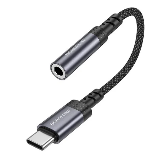 Аудио адаптер кабел Borofone (BV24) - Type-C (M) към 3.5mm жак (F), DAC чип, Plug&Play, 15cm - Сив