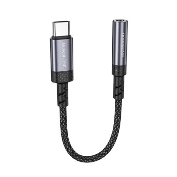 Аудио адаптер кабел Borofone (BV24) - Type-C (M) към 3.5mm жак (F), DAC чип, Plug&Play, 15cm - Сив