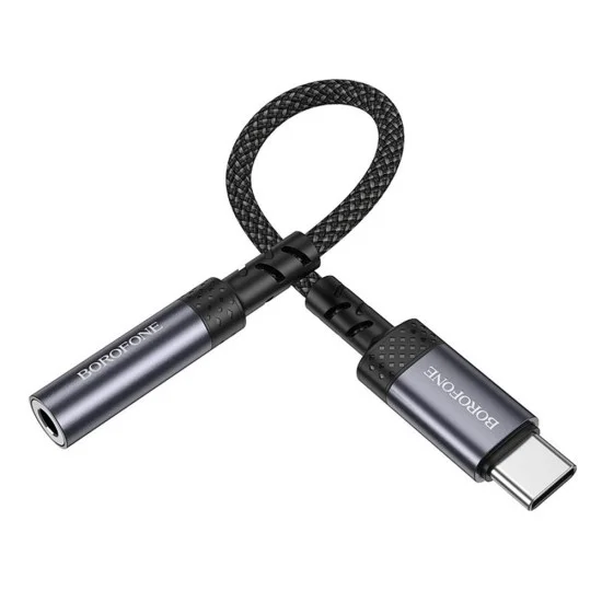 Аудио адаптер кабел Borofone (BV24) - Type-C (M) към 3.5mm жак (F), DAC чип, Plug&Play, 15cm - Сив