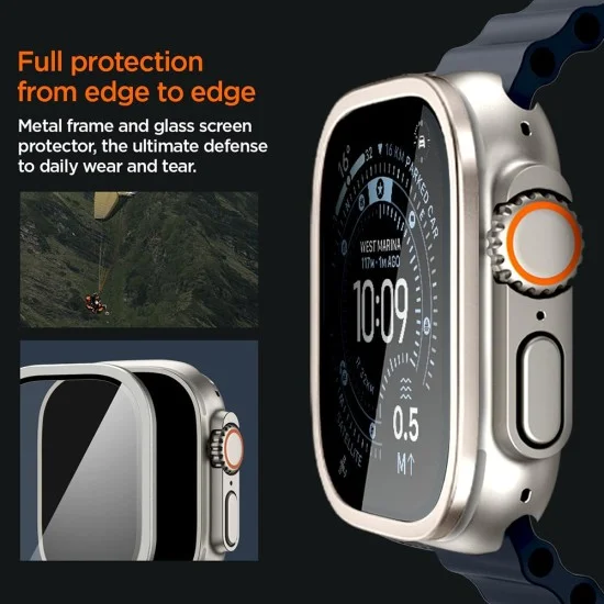 Безел от неръждаема стомана с протектор за дисплей за Apple Watch Ultra 4 / 3 / 2 / 1 (49mm) Bezel Tune with Glass (ACS11595) - Spigen - Сребрист