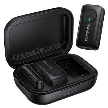Безжичен брошка микрофон Borofone Lemai (BFK17) (2 броя в комплект) - USB-C, калъф за зареждане, шумопотискане, ненасочен - Черен