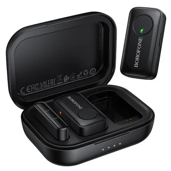 Безжичен брошка микрофон Borofone Lemai (BFK17) (2 броя в комплект) - USB-C, калъф за зареждане, шумопотискане, ненасочен - Черен