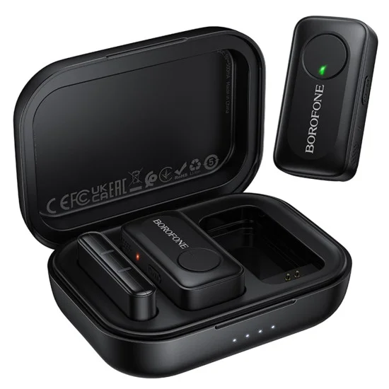 Безжичен брошка микрофон Borofone Lemai (BFK17) (2 броя в комплект) - USB-C, калъф за зареждане, шумопотискане, ненасочен - Черен