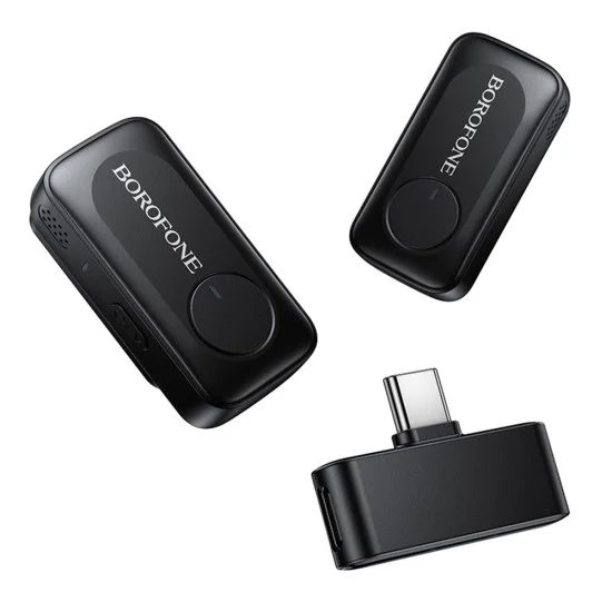 Безжичен брошка микрофон Borofone Lemai (BFK17) (2 броя в комплект) - USB-C, калъф за зареждане, шумопотискане, ненасочен - Черен