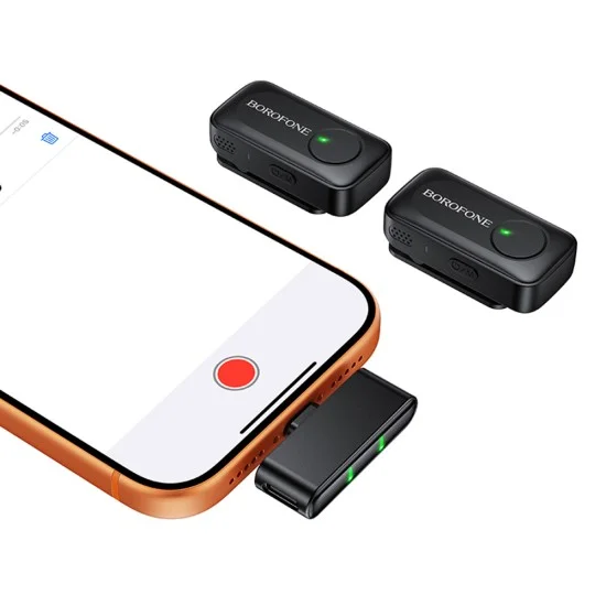 Безжичен брошка микрофон Borofone Lemai (BFK17) (2 броя в комплект) - USB-C, калъф за зареждане, шумопотискане, ненасочен - Черен