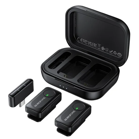 Безжичен брошка микрофон Borofone Lemai (BFK17) (2 броя в комплект) - USB-C, калъф за зареждане, шумопотискане, ненасочен - Черен