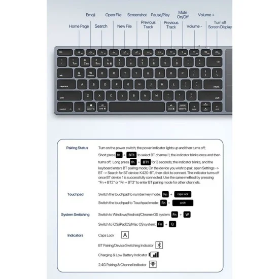 Безжична клавиатура Dux Ducis Keyboard LK Series - Bluetooth 5.0, универсална, USB-C, 500mAh, английска подредба - Бял