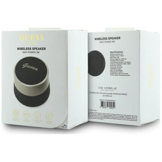 Безжична колонка Guess Speaker Script Metal Logo (GUWSL3PALPLK) - TWS, USB-C, Bluetooth V5.4, 1200mAh, 5W - Черен