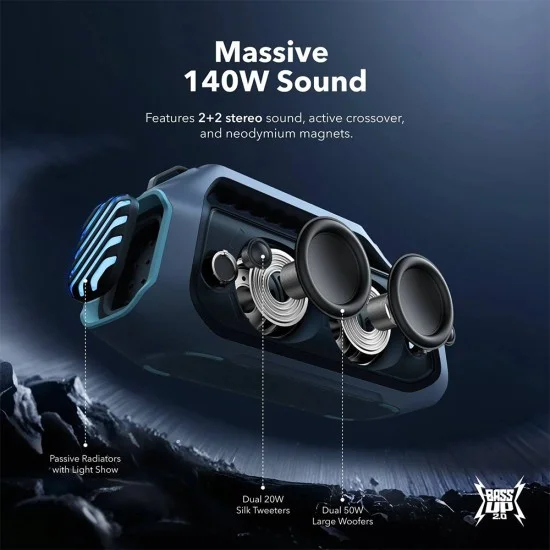Безжична колонка Wireless Speaker SoundCore Boom 2 Plus (A3134032) - с вградена външна батерия, Bluetooth 5.3, 140W, IPX7, RGB Светлини - Anker - Син