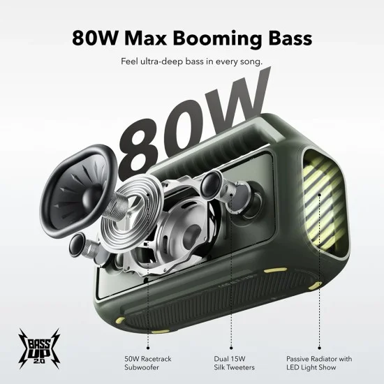 Безжична колонка Wireless Speaker Soundcore Boom 2 (A3138062) - Bluetooth 6.0, RGB Светлини, IPX7, 80W, BassUp 2.0 - Anker - Зелен