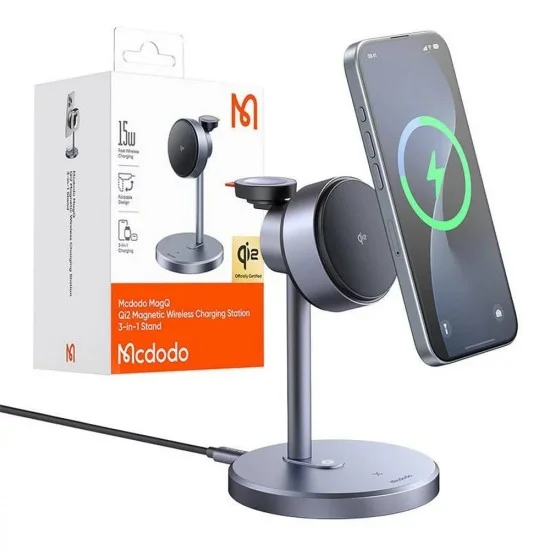 Безжична станция за зареждане Mcdodo Black Swan Series (CH-2460) - магнитна, за iPhone/iWatch/Earbuds, 22.5W, Qi2 - Сива