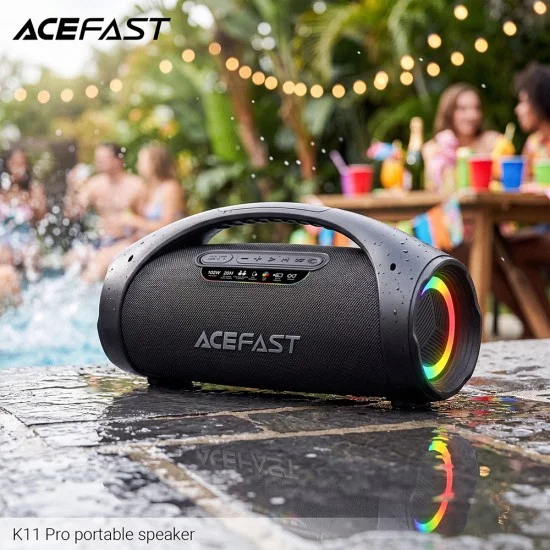 Безжична тонколона Acefast (K11 Pro) - FM, AUX, USB, TWS, Bluetooth 6.0, EQ звук, RGB осветление, 102W, 3000mAh, IPX5 - Черна