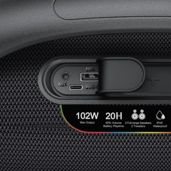 Безжична тонколона Acefast (K11 Pro) - FM, AUX, USB, TWS, Bluetooth 6.0, EQ звук, RGB осветление, 102W, 3000mAh, IPX5 - Черна