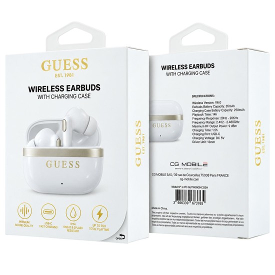 Безжични Bluetooth слушалки тип тапи Glossy Gold Line Printed Classic Logo (GUTWSN2HGGSH), TWS, микрофон - Guess - Бял