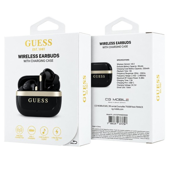 Безжични Bluetooth слушалки тип тапи Glossy Gold Line Printed Classic Logo (GUTWSN2HGGSK), TWS, микрофон - Guess - Черен