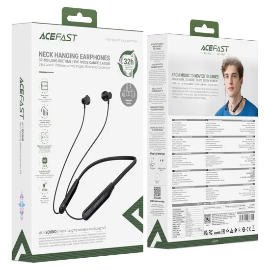 Безжични слушалки Acefast (N9) - зад главата, за врат, магнитни, BT 6.0, Bass/Game режими, ENC, 200mAh, IPX4 - Черни