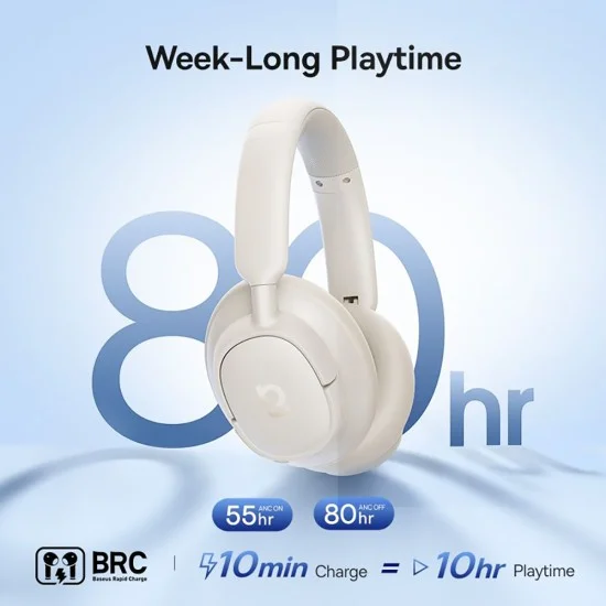 Безжични слушалки Baseus Bass BH1 NC (A0203702) - Bluetooth 6.0, ANC, Hi-Res, 5-Mic ENC, CloudComfort, регулируеми - Бели