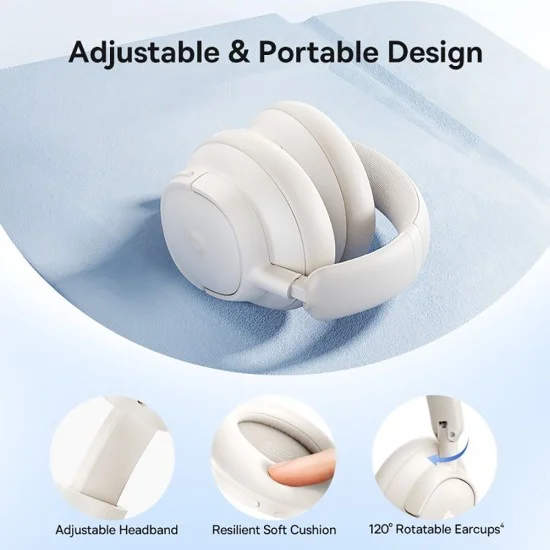 Безжични слушалки Baseus Bass BH1 NC (A0203702) - Bluetooth 6.0, ANC, Hi-Res, 5-Mic ENC, CloudComfort, регулируеми - Бели