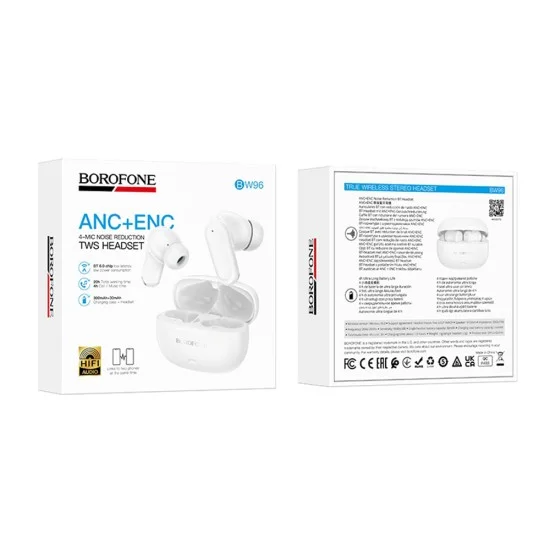 Безжични слушалки Borofone Mellow (BW96) - Bluetooth V6.0, ANC + ENC шумопотискане, 4 часа време за възпроизвеждане - Бял