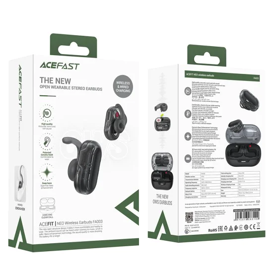 Безжични слушалки FA003 – Acefast Acefit Neo, USB-C, IPX4, Bluetooth 5.3, намаляване на шума при повикване, басов ефект, 500mAh – черни