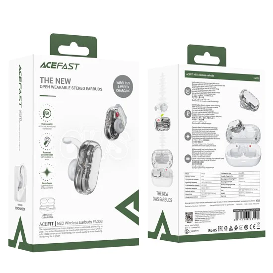 Безжични слушалки FA003 – Acefast Acefit Neo, USB-C, IPX4, Bluetooth 5.3, намаляване на шума при повикване, басов ефект, 550 mAh – бели