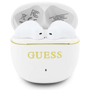 Безжични слушалки Guess Wireless Earbuds Glossy Gold Line Classic (GUTWSG3HGECH) - Half-in-ear, Bluetooth, TWS, малък кръгъл дизайн - Бял