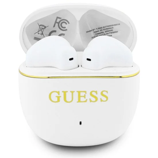 Безжични слушалки Guess Wireless Earbuds Glossy Gold Line Classic (GUTWSG3HGECH) - Half-in-ear, Bluetooth, TWS, малък кръгъл дизайн - Бял