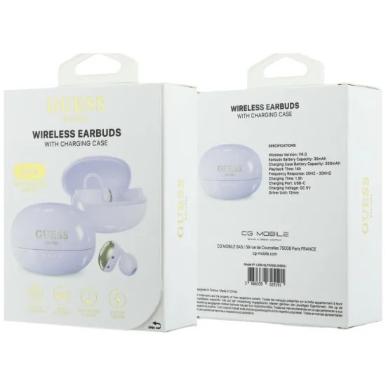 Безжични слушалки Guess Wireless Earbuds Metalic Finish Electropated Parts Classic (GUTWSOL3MEGU) - OWS слушалки, BT5.4, 300mAh - Лилав