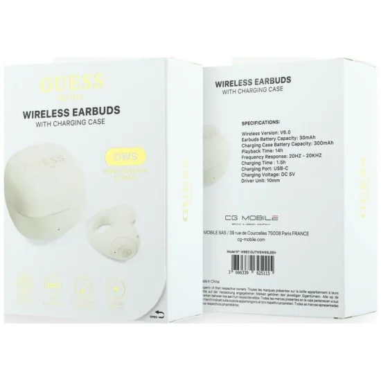 Безжични слушалки Guess Wireless Earbuds Mini Classic (GUTWSW85LEEH) - Open-ear, Bluetooth, TWS, спортен дизайн - Бял