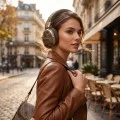 Безжични слушалки Guess Wireless Headphones Metal 4G Script Logo (GUBHP72P4SMDK) - Bluetooth, ENC технология, Over-ear, еко кожа - Черен