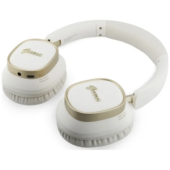 Безжични слушалки Guess Wireless Headphones Rectangle Metal Script (GUBHV28HGCSME) - Over-ear, Bluetooth, ENC технология, еко кожа - Бял