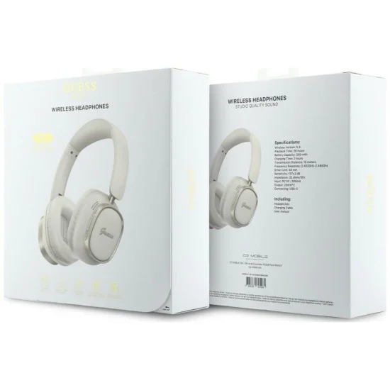 Безжични слушалки Guess Wireless Headphones Rectangle Metal Script (GUBHV28HGCSME) - Over-ear, Bluetooth, ENC технология, еко кожа - Бял