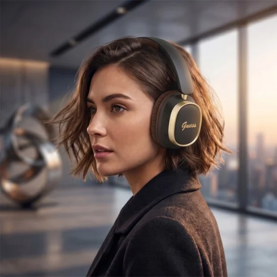 Безжични слушалки Guess Wireless Headphones Rectangle Metal Script (GUBHV28HGCSMK) - Over-ear, Bluetooth, ENC технология, еко кожа - Черен