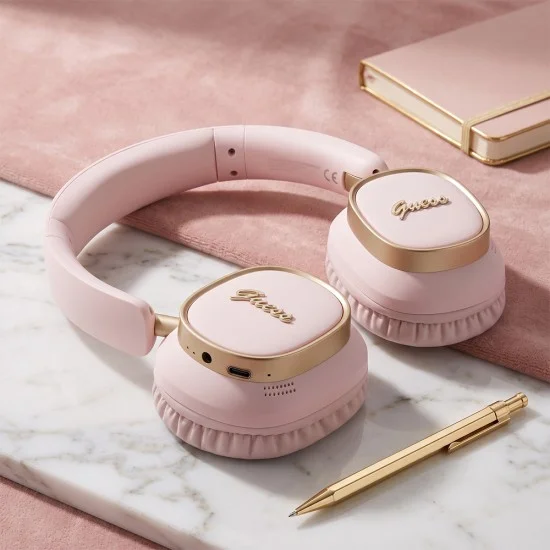 Безжични слушалки Guess Wireless Headphones Rectangle Metal Script (GUBHV28HGCSMP) - Over-ear, Bluetooth, ENC технология, еко кожа - Розов