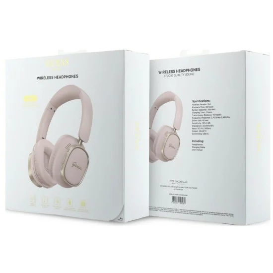 Безжични слушалки Guess Wireless Headphones Rectangle Metal Script (GUBHV28HGCSMP) - Over-ear, Bluetooth, ENC технология, еко кожа - Розов