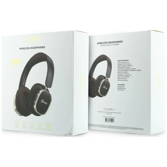 Безжични слушалки Guess Wireless Headphones Rectangle Metal Script (GUBHV28HGCSMW) - Over-ear, Bluetooth, ENC технология, еко кожа - Кафяв