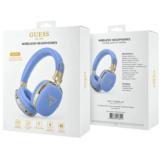 Безжични слушалки с оглавник Grained Triangle Logo (GUBHP72PGTCSB), Bluetooth, ENC, еко кожа - Guess - Син