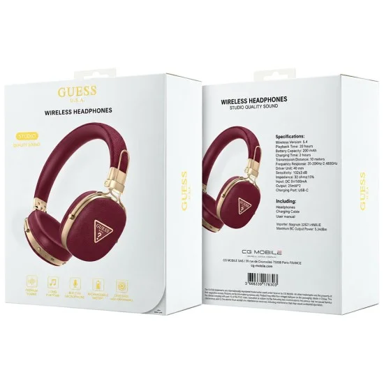 Безжични слушалки с оглавник Grained Triangle Logo (GUOBHP72PGTCSU), Bluetooth, ENC, еко кожа - Guess - Бордо