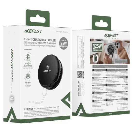 Безжично зарядно Acefast (E47) - Qi2 сертифицирано, 25W, поддържа MAG-Charge, с вградено охлаждане, USB-C - Черно